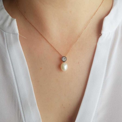 Antik Tektaş Damla Gerçek İnci Kadın Gümüş Kolye 