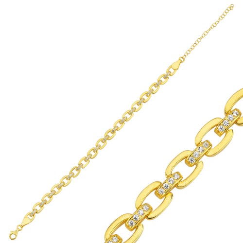 Arası Taşlı İtalyan Halkalı Gold Kadın Gümüş Bileklik - CNG Jewels