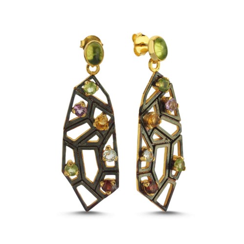 Art Deco Stil Doğal Taşlı Tasarım Kadın Gümüş Küpe - CNG Jewels