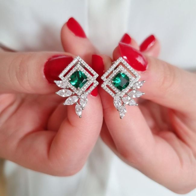 Art Deco Zümrüt Yeşili Gümüş Kadın Küpe - 1