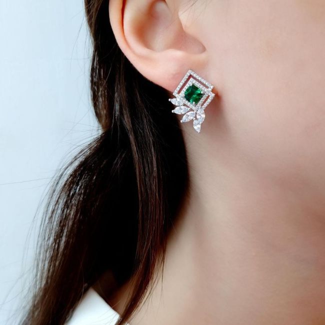 Art Deco Zümrüt Yeşili Gümüş Kadın Küpe - 2