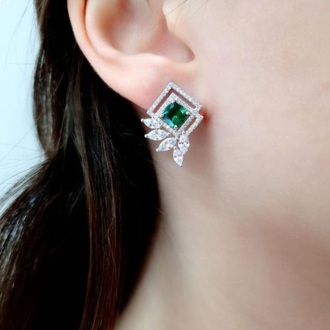 Art Deco Zümrüt Yeşili Gümüş Kadın Küpe - 3