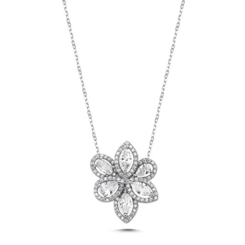 Asimetrik Taşlı Papatya Gümüş Kadın Kolye - CNG Jewels
