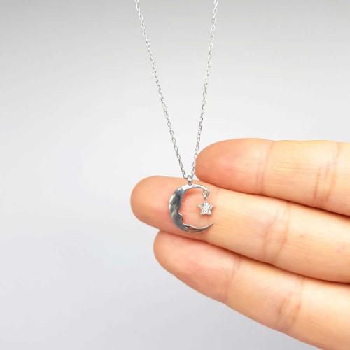 Ataturk Silhouette Small Star and Crescent Silver Women's Necklace 