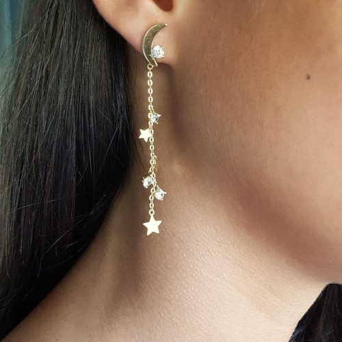 Ay ve Yıldız Zincirli Taşlı Gold Gümüş Kadın Küpe - CNG Jewels (1)