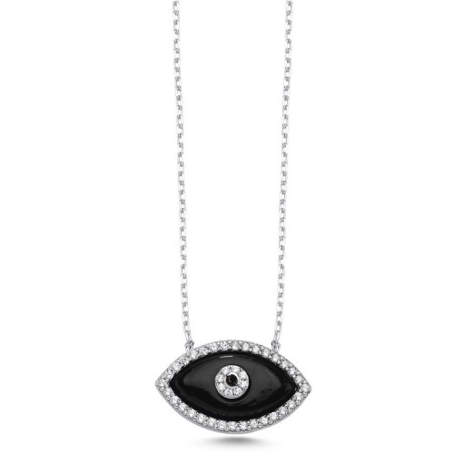 Badem Siyah Cam Göz Kadın Gümüş Kolye - CNG Jewels