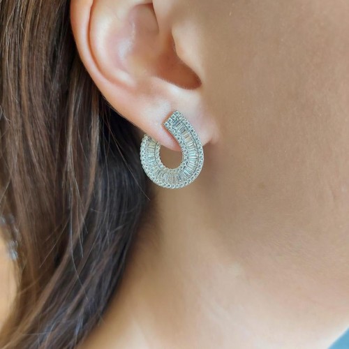 Asymmetric Silver Women's Earrings with Baguette Stones - CNG Jewels