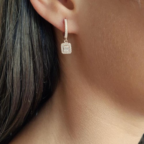 Baget Taşlı Rose Sallantılı Gümüş Kadın Küpe - CNG Jewels