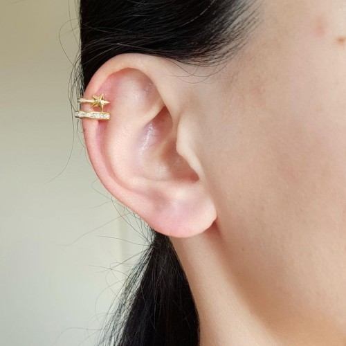 Bagetli Kuyruklu Yıldız Kıkırdak Cuff Gold Gümüş Bayan Küpe - CNG Jewels