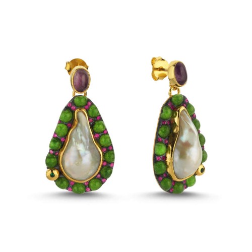 Barok İnci Aventurin Sallantılı Tasarım Kadın Gümüş Küpe - CNG Jewels