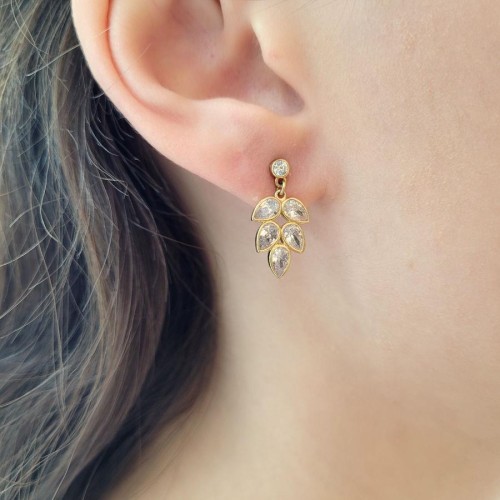 Beş Damla Taşlı Yaprak Gold Gümüş Bayan Küpe - CNG Jewels