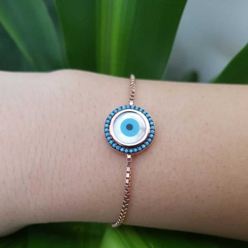 Beyaz Nazar Göz Gümüş Asansör Zincirli Kadın Bileklik - CNG Jewels