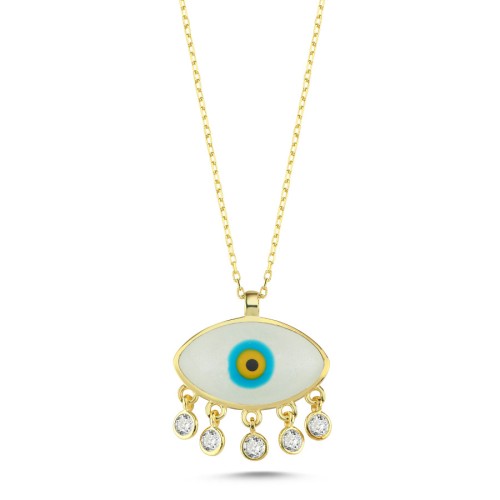 Beyaz Sedef Mineli Nazar Boncuğu Kadın Gümüş Kolye 