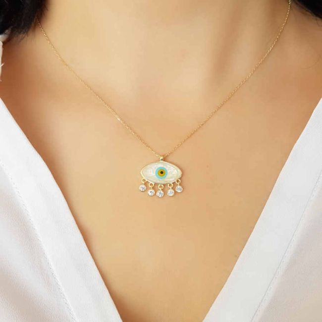 Beyaz Sedef Mineli Nazar Boncuğu Kadın Gümüş Kolye - 2