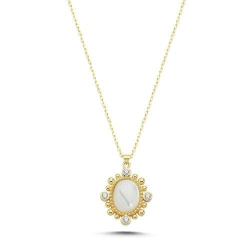 Beyaz Sedef Taşlı Vintage Gümüş Kadın Kolye - CNG Jewels