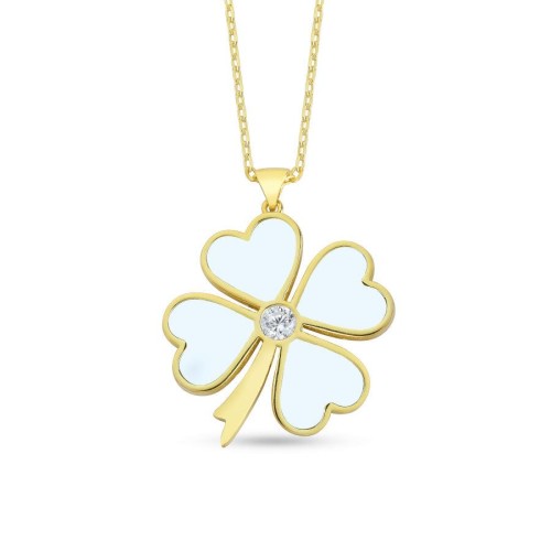 Beyaz Yonca Gümüş Kadın Kolye - CNG Jewels