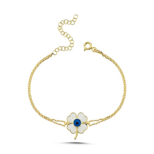 Beyaz Yonca Nazar Boncuğu Gümüş Kadın Bileklik - CNG Jewels
