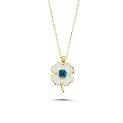 Beyaz Yonca Nazar Boncuğu Gümüş Kadın Kolye - CNG Jewels