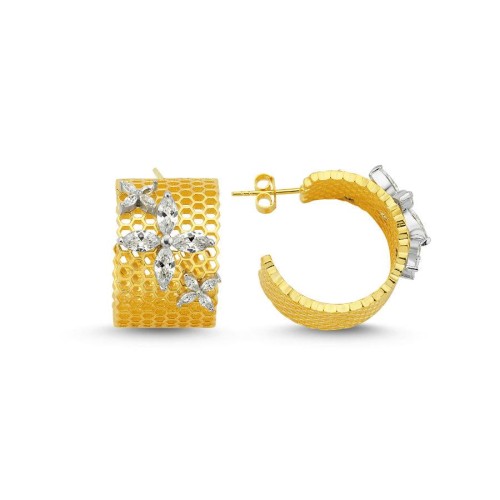 Big Tria Markiz Roza Arı Peteği Gold Gümüş Halka Küpe - CNG Jewels