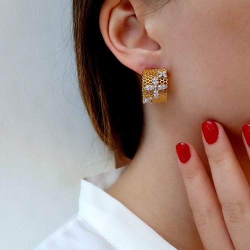 Big Tria Markiz Roza Arı Peteği Gold Gümüş Halka Küpe - CNG Jewels (1)