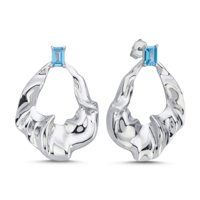 Blue Amorf Damla Tasarım Gümüş Kadın Küpe - 1