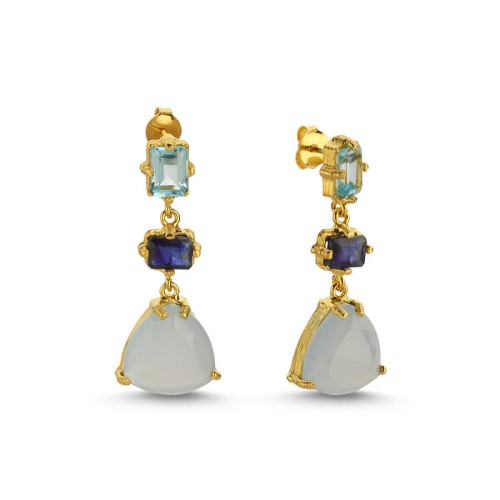 Blue Topaz Safir Kalsedon Taşlı Tasarım Kadın Gümüş Küpe - CNG Jewels