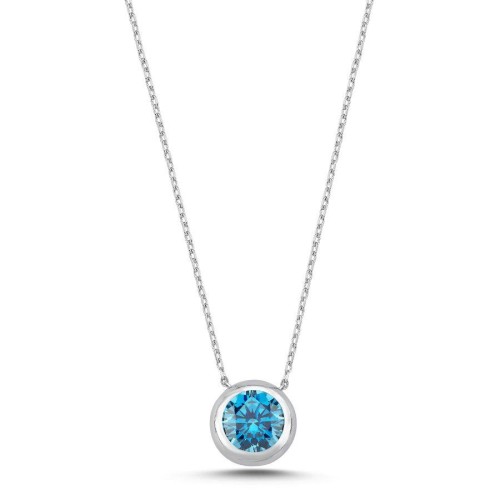 Büyük Akuamarin Renk Tektaş Gümüş Kadın Kolye - CNG Jewels
