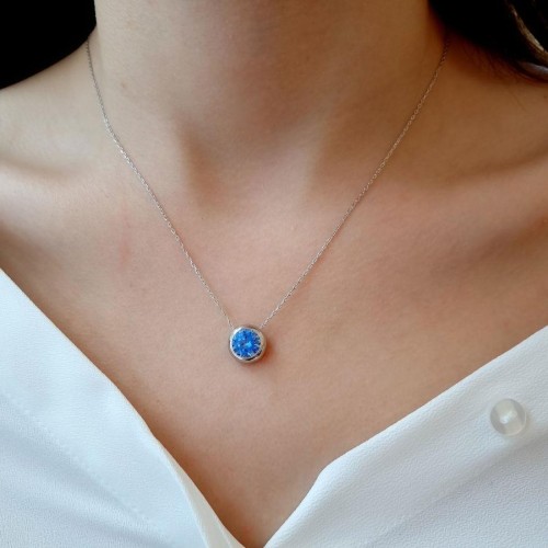 Büyük Akuamarin Renk Tektaş Gümüş Kadın Kolye - CNG Jewels (1)