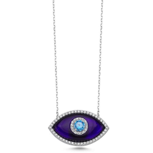 Büyük Badem Lacivert Murano Göz Kadın Gümüş Kolye - CNG Jewels