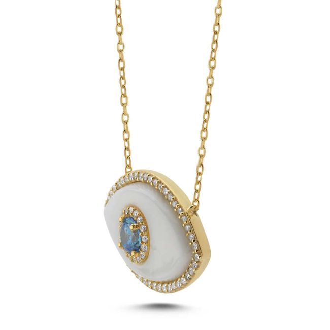 Büyük Badem Murano Beyaz Göz Kadın Gümüş Kolye - 2