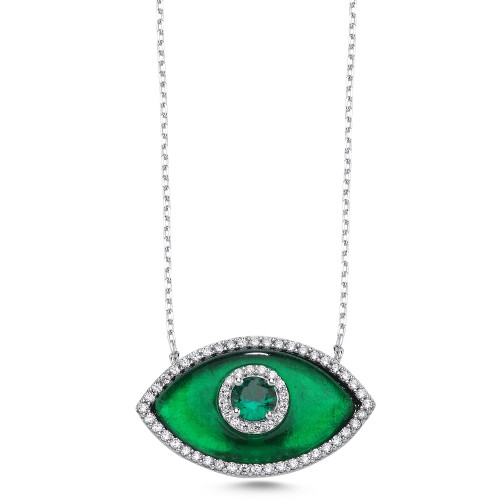 Büyük Badem Yeşil Murano Göz Kadın Gümüş Kolye - CNG Jewels