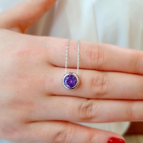 Large Purple Solitaire Silver Women's Necklace 