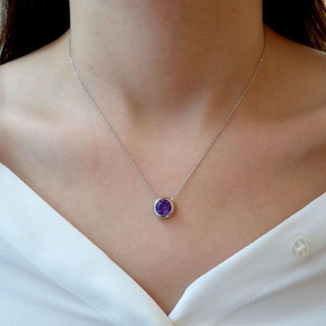 Büyük Mor Tektaş Gümüş Kadın Kolye - 2