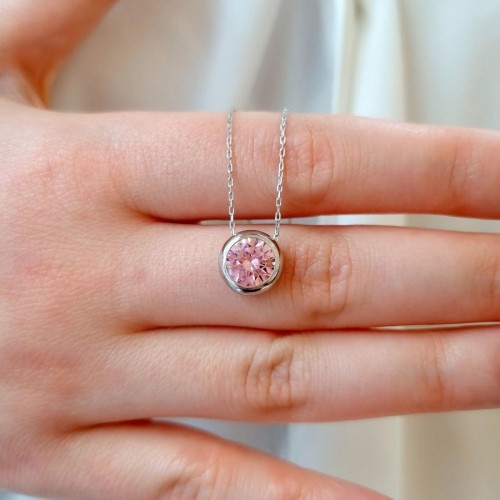 Large Pink Solitaire Silver Women's Necklace 