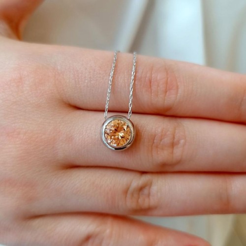 Büyük Şampanya Tektaş Gümüş Kadın Kolye - 3