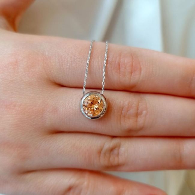 Büyük Şampanya Tektaş Gümüş Kadın Kolye - 3