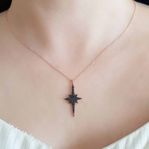 Büyük Siyah Kutup Yıldızı Rose Gümüş Kolye - 2
