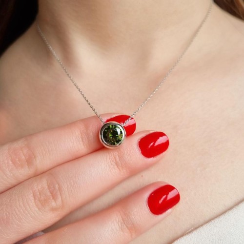 Large Green Solitaire Silver Women's Necklace 