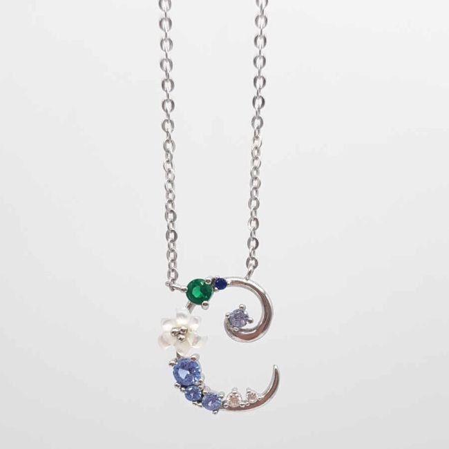 C Harfi Çiçekli Gümüş Kadın Kolye - 1