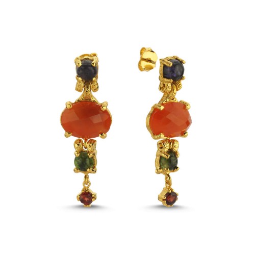 Carnelian Mix Renk Tasarım Kadın Gümüş Küpe - CNG Jewels