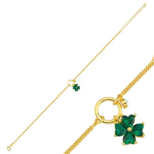 Charm Dört Yaprak Yonca Nazar Boncuklu Gold Gümüş Halhal - CNG Jewels (1)