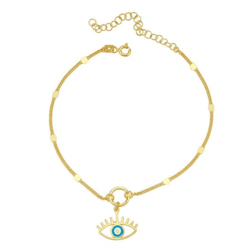 Charm Kirpikli Mavi Göz Gold Gümüş Halhal - CNG Jewels