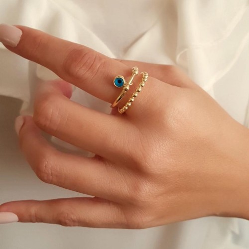 Sallantılı Nazar Boncuklu Trend Gold Gümüş Bayan Yüzük - CNG Jewels