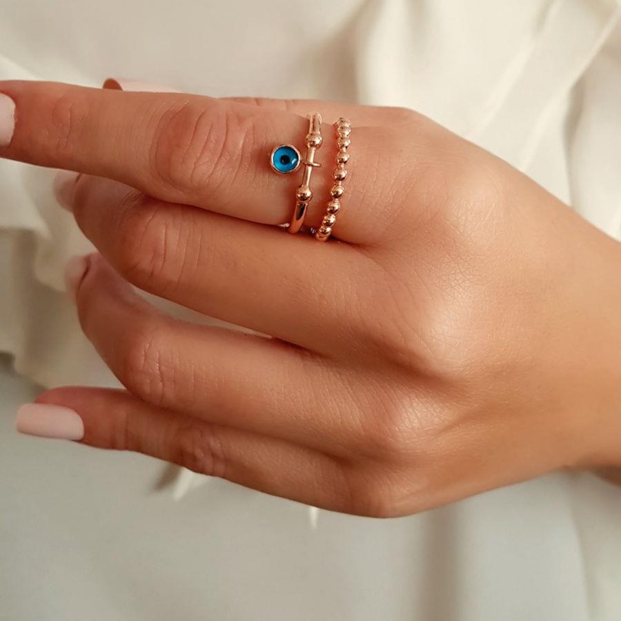 Sallantılı Nazar Boncuklu Trend Rose Gümüş Kadın Yüzük - CNG Jewels