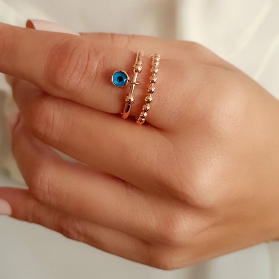 Sallantılı Nazar Boncuklu Trend Rose Gümüş Kadın Yüzük - CNG Jewels (1)