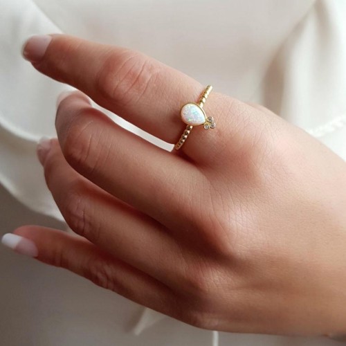 Damla Beyaz Opal Gold Gümüş Bayan Yüzük - CNG Jewels