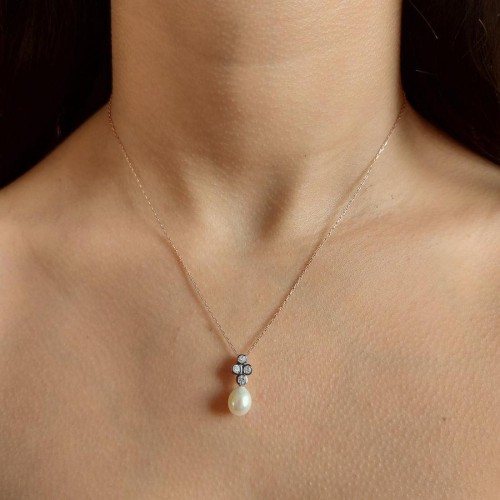 Damla Gerçek İnci Karo Elmas Kadın Gümüş Kolye - CNG Jewels (1)