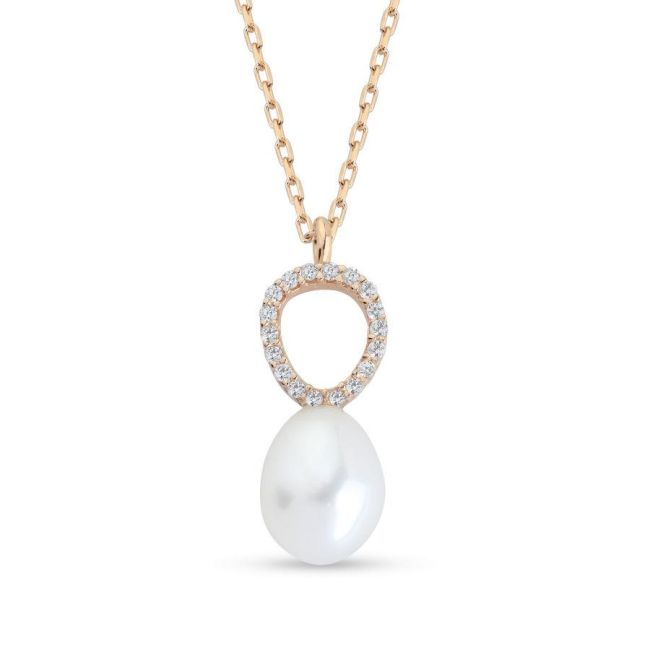 Damla Gerçek İnci Rose Minimal Taşlı Kadın Gümüş Kolye - 1