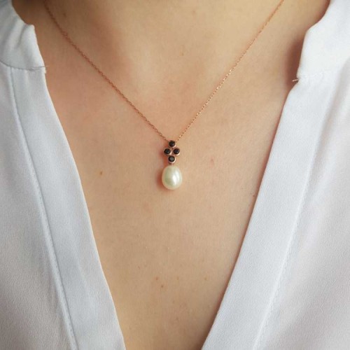 Damla Gerçek İnci Siyah Karo Rose Kadın Gümüş Kolye - CNG Jewels (1)