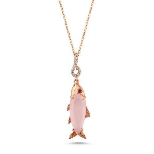 Damla Pembe Kuvars Taşlı Balık Rosegold Gümüş Bayan Kolye - CNG Jewels